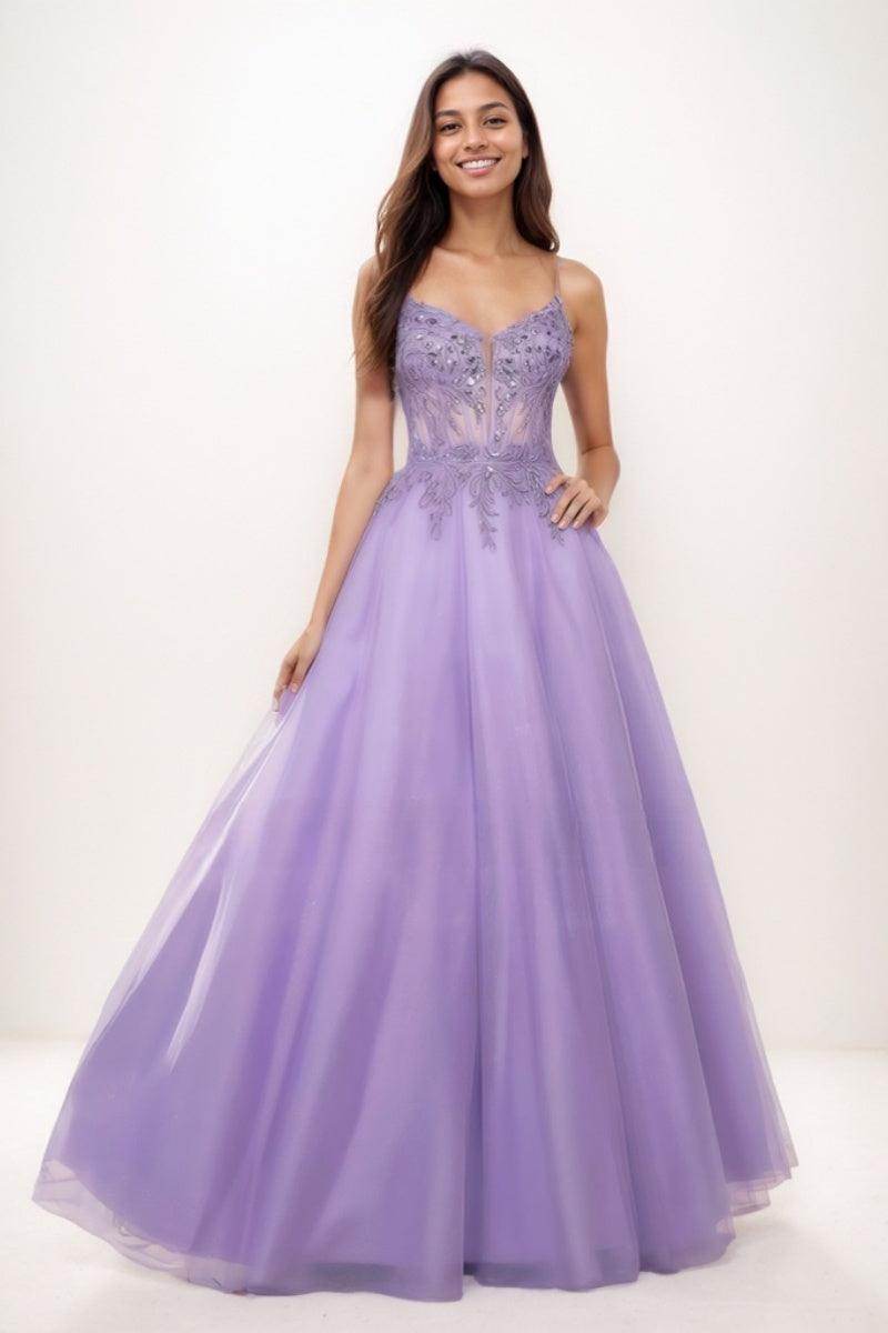 Sweet & Flow V-Neck Satin/Lace/Tulle Prom Dresses CS0769 - COCOMELODY